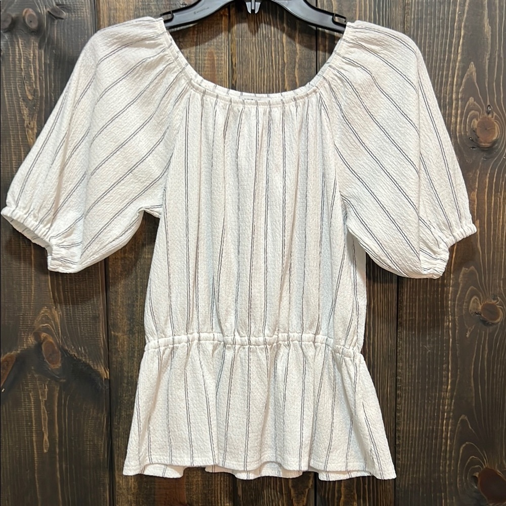 Nine West Peplum Top S Striped Stretch White Black Office Casual Minimalist Boho